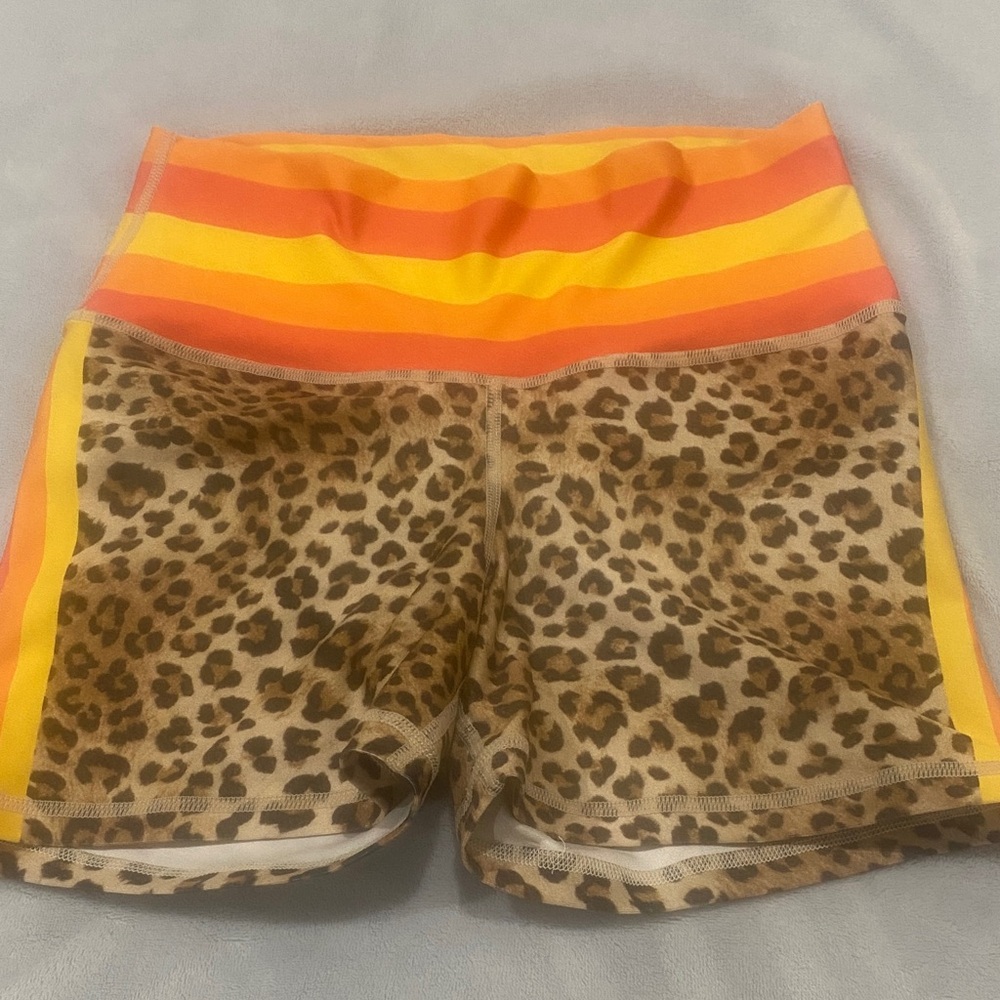 Leopard Print Athletic Shorts with Orange and Yellow Stripes